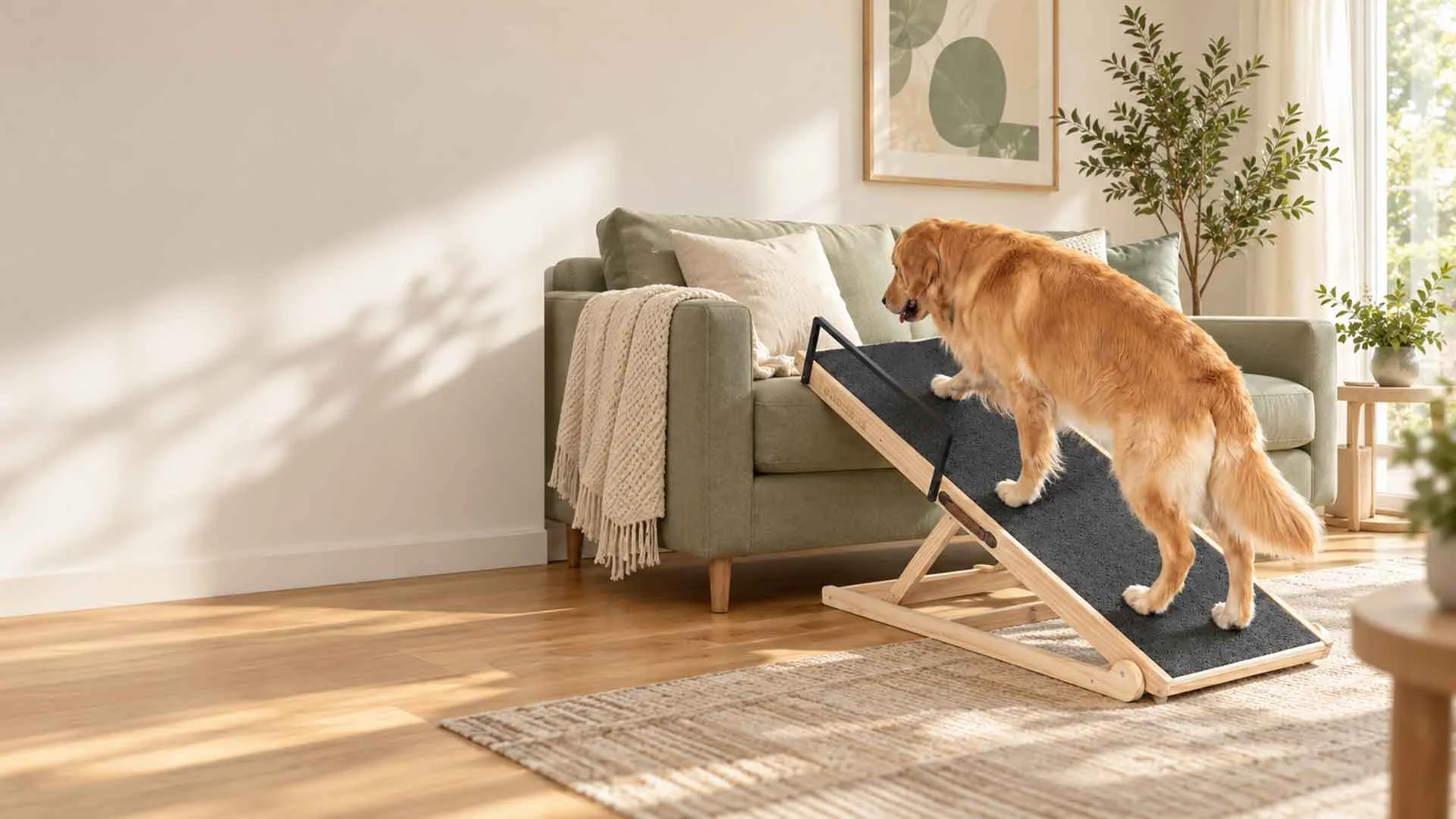 Dog walking up a ramp onto a sofa in a bright living room